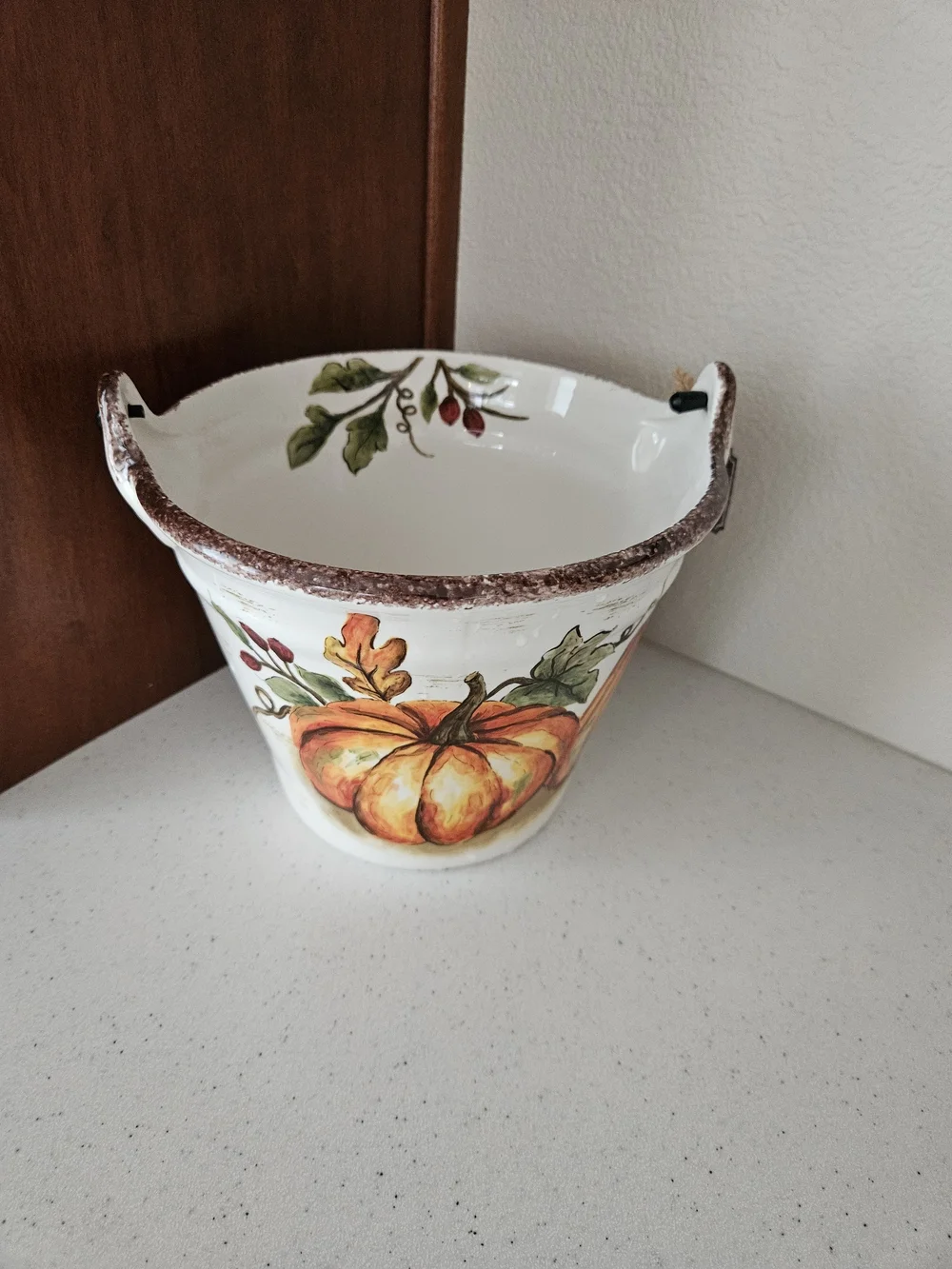 Decorative Autumn Pumpkin Ceramic Bucket- White and Orange